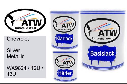 Chevrolet, Silver Metallic, WA9824 / 12U / 13U: 1L Lackdose + 1L Klarlack + 500ml Härter - Set, von ATW Autoteile West.